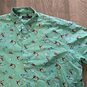Polo Ralph Lauren AOP Marlin Sailboat Print Shirt Teal Untucked Fit Mens 2XLT